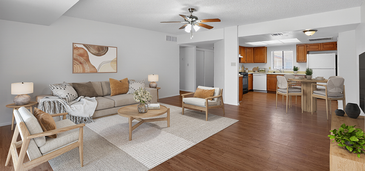 Saguaro Manor 3x2 1172 living kitchen staged 1170x550