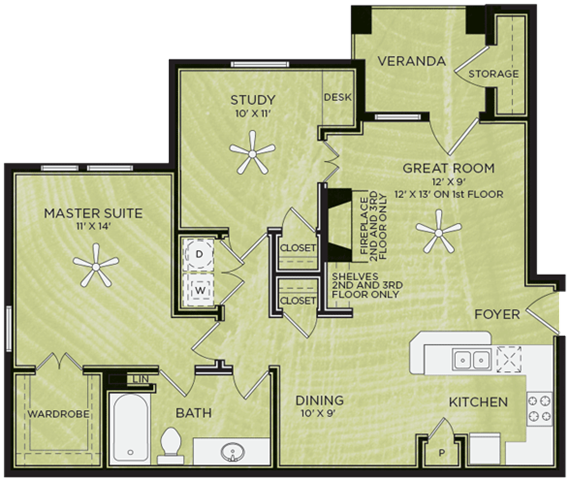 A12: 1 Bed 1 Bath floor plan