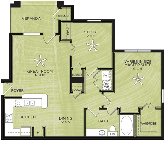 A13: 1 Bed 1 Bath floor plan