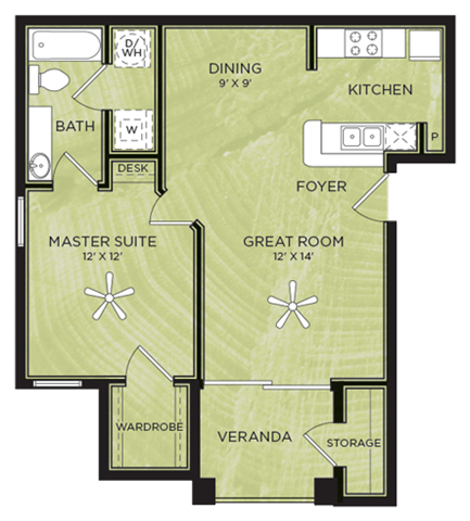 A1: 1 Bed 1 Bath floor plan