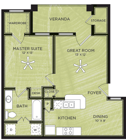 A2: 1 Bed 1 Bath floor plan