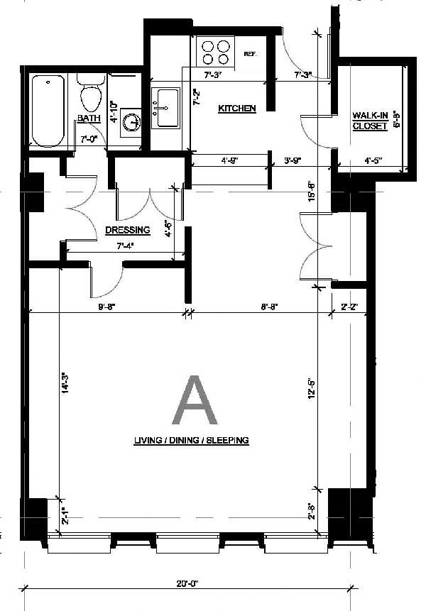 Studio A Studio A floor plan with 3 large windows and plentiful closet space.