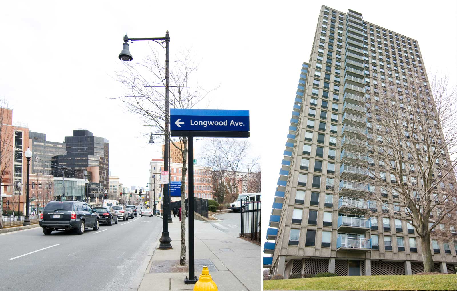Street view of highrise building and Huntington Ave with Longwood Ave sign