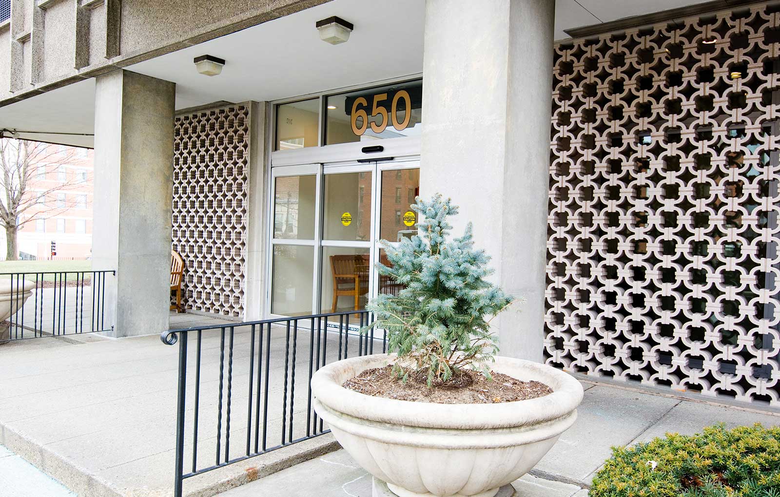 Exterior of entrance to building.