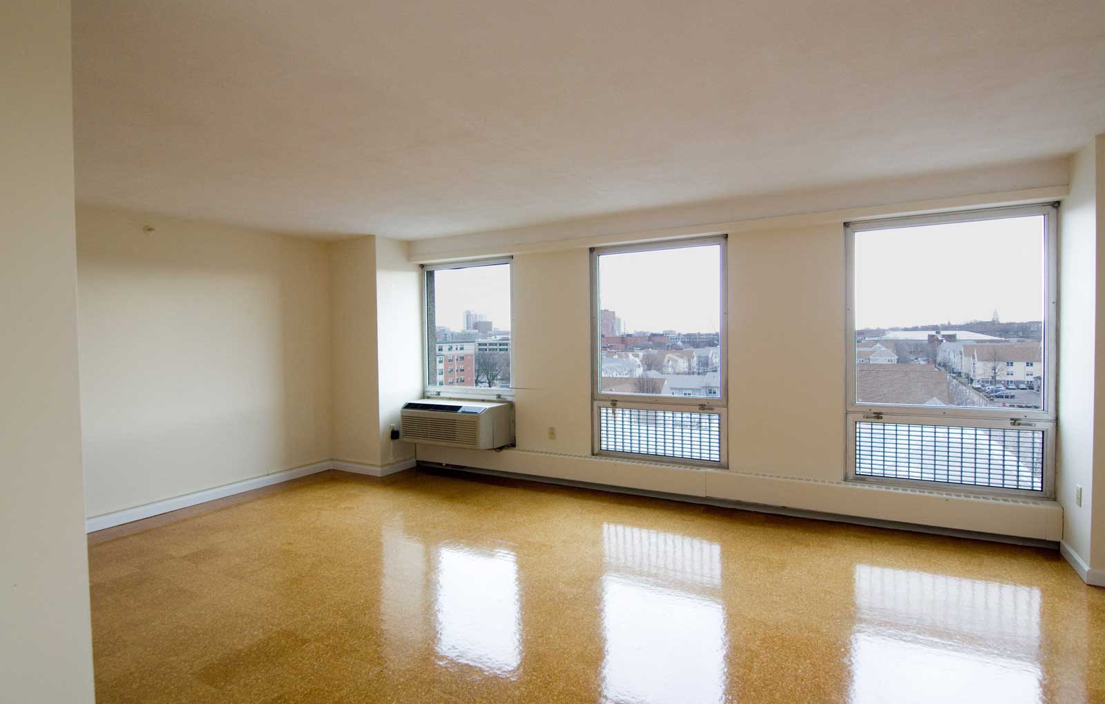Apartment Interior open space with large windows and glossy floors