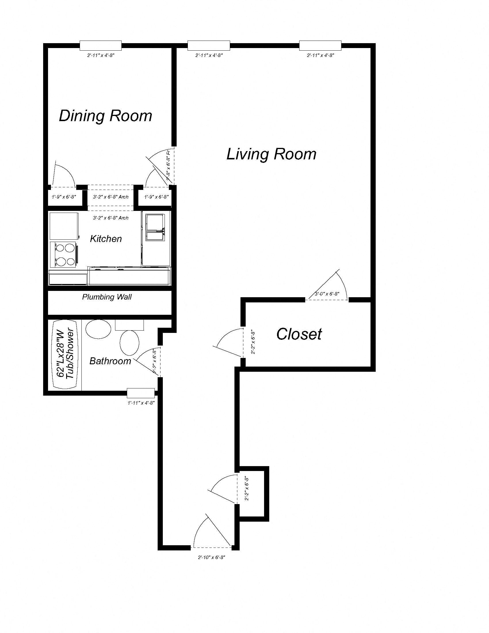 1 Bedroom floor plan for Casa Mia Apartments