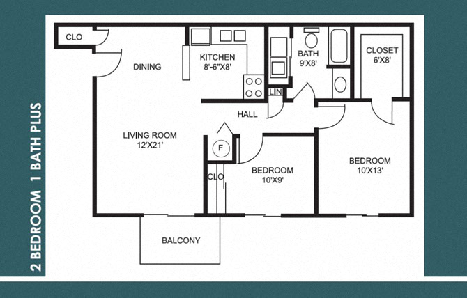 Two Bedroom | One Bathroom Plus (2.10B|C) floor plan