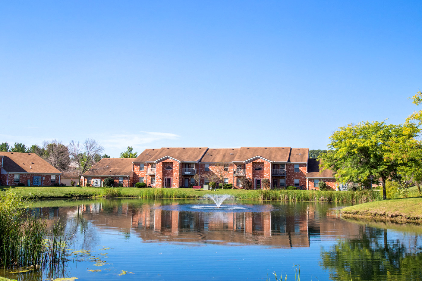 pond view near apartment building