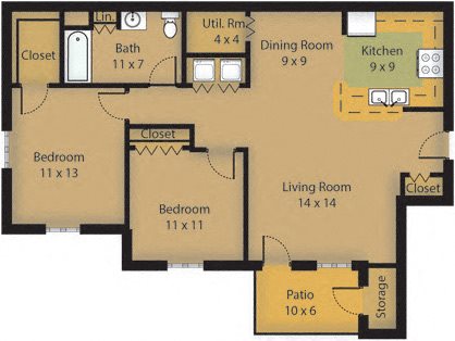 Northlake Farms Apartments in Gurnee, IL two bedroom apartment floor plan