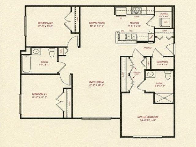 3 Bed 2 Bath, Floor Plan at The Preserve Apartments 3 Bed 2 Bath, 1280 Sq Ft Floor Plan at The Preserve Apartments, 100 Hilltop Dr, Walpole, MA