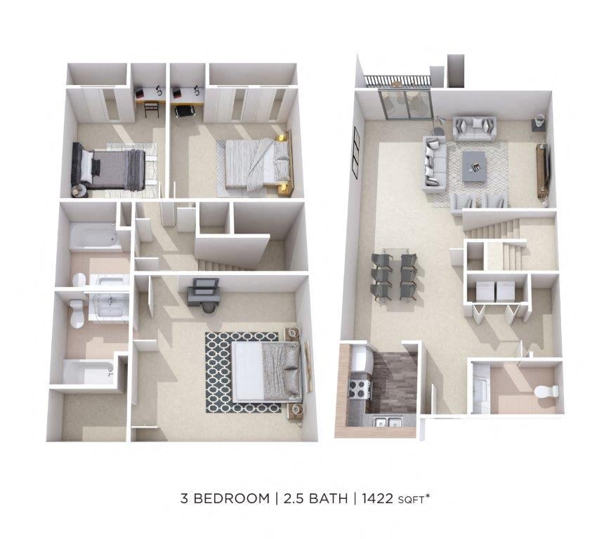Three Bedroom 2.5 Bath Townhome floor plan