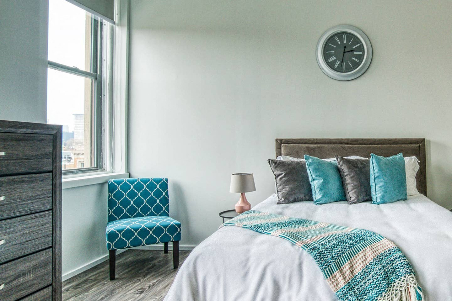 Bedroom With Expansive Windows at Market District Lofts, Ohio, 44113