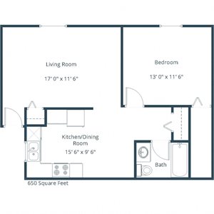 Parkwest Gardens Apartments | One Bedroom Floor Plan
