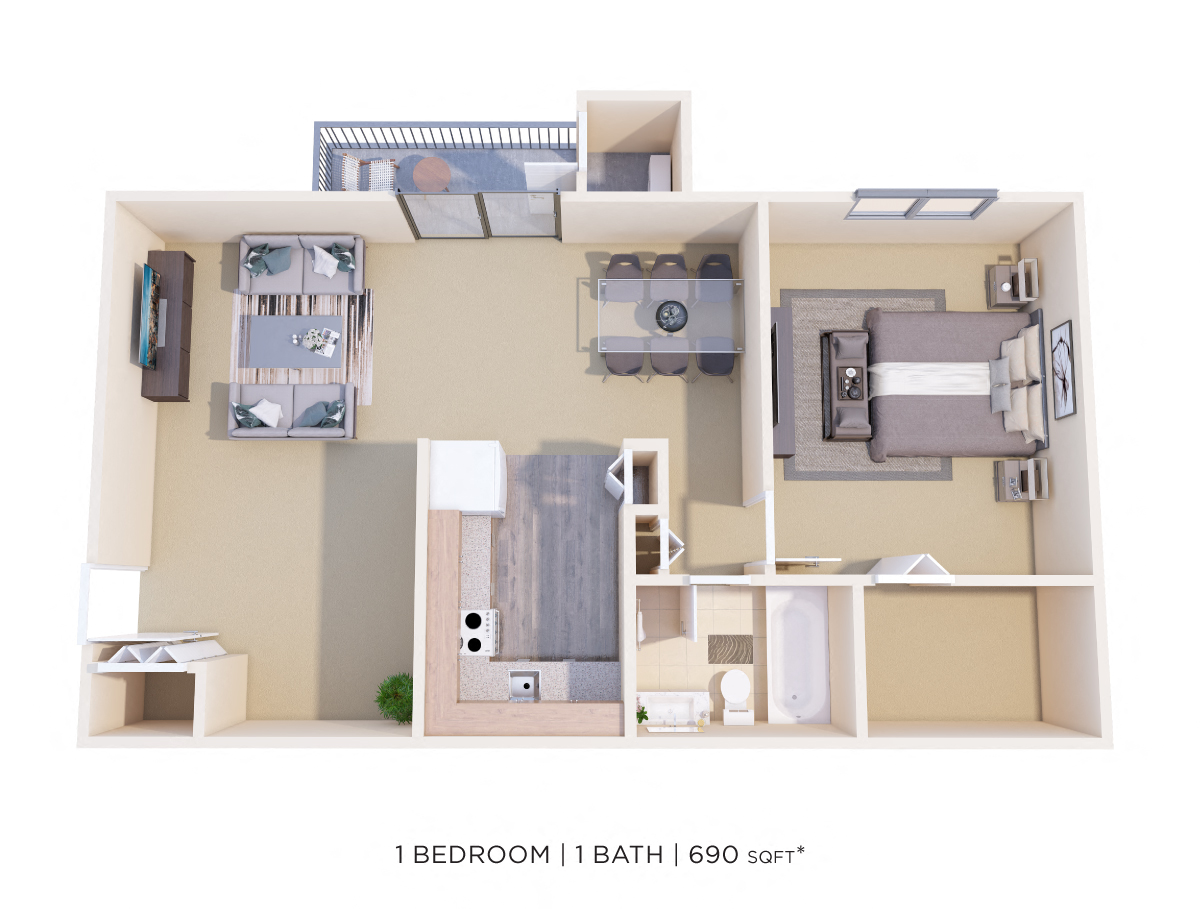 One Bedroom - 690 sqft floor plan