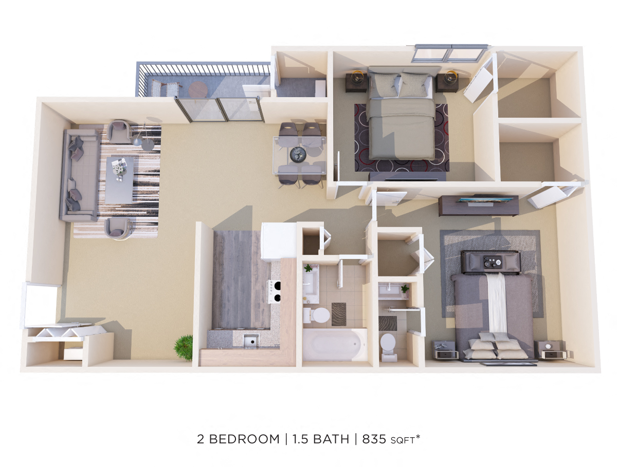 Two Bedroom 1.5 Bath - 835 sqft floor plan