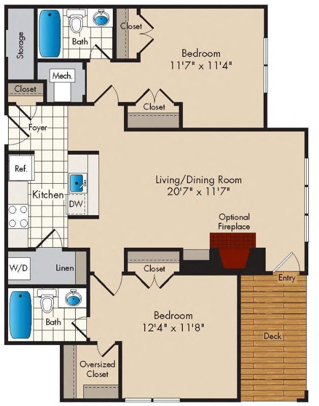 2 Bedroom/2 Bath - 962 square feet