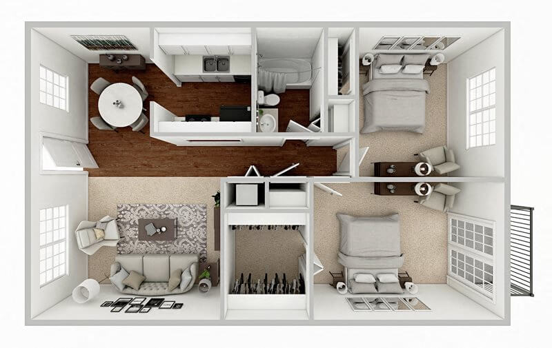 2 Bed 1 Bath floor plan