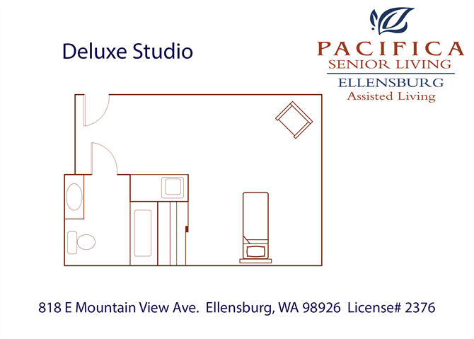 Deluxe Studio Floor Plan with Extra Windows Deluxe Studio Floor Plan at Pacifica Senior Living Ellensburg, Ellensburg, WA, 98926