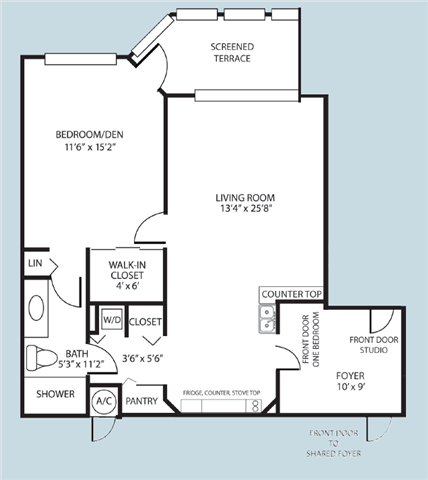 One Bedroom Shared Foyer Floor Plan One Bedroom Shared Foyer Floor Plan at Pacifica Senior Living Forest Trace, Ft. Lauderdale, 33319