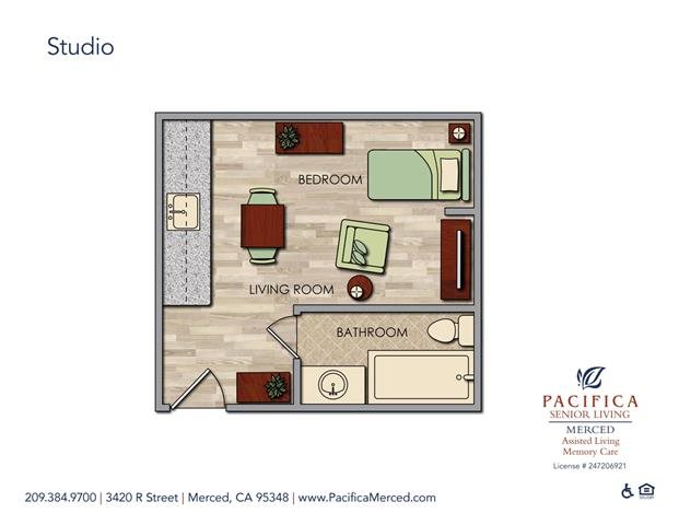 Studio Floor Plan Studio Floor Plan at Pacifica Senior Living Merced, Merced, California
