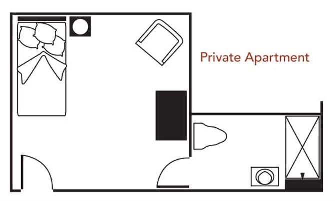Private Apartment Floor Plan Private Apartment Floor Plan at Pacifica Senior Living: Riverside Legacies Memory Care, Riverside, California