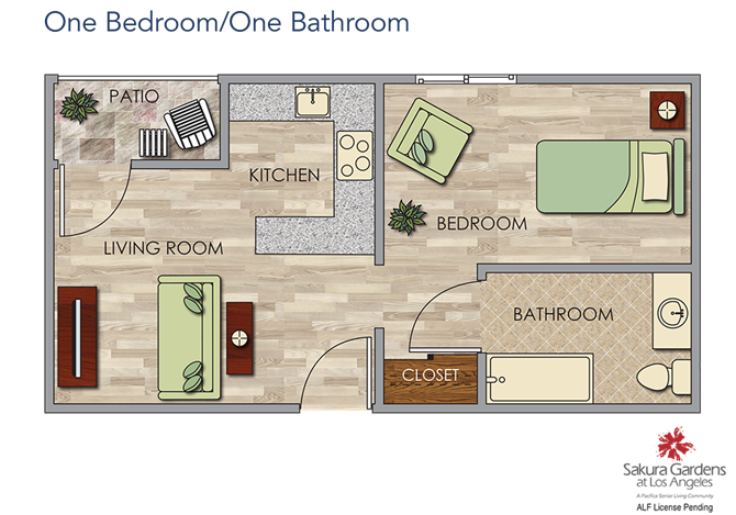 1 Bedroom / 1 Bathroom Floor Plan 1 Bedroom / 1 Bathroom Floor Plan at Pacifica Senior Living, Sakura Gardens, Los Angeles, California