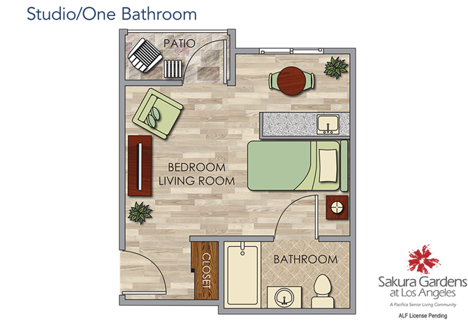 Private Studio / 1 Bathroom Floor Plan Studio / 1 Bathroom Floor Plan at Pacifica Senior Living, Sakura Gardens, Los Angeles, California