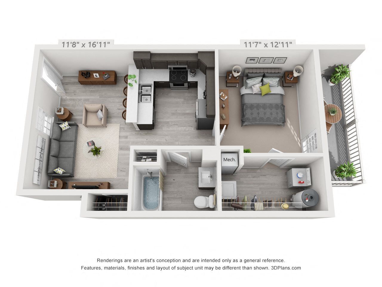 Artists 3D rendering of the 1 bedroom, 1 bathroom main level unit layout.