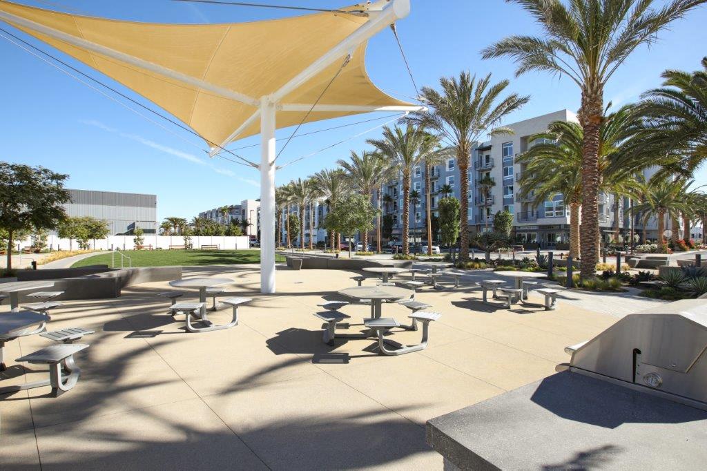 Spacious outdoor seating area with tables and palm trees