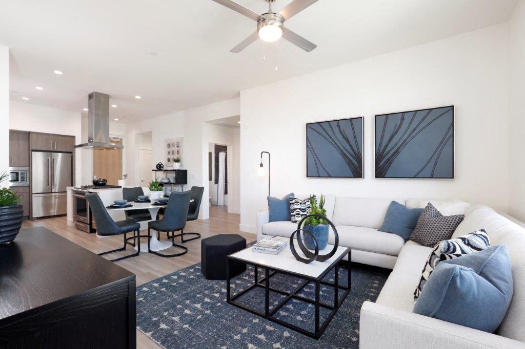 a living room with a couch and a table