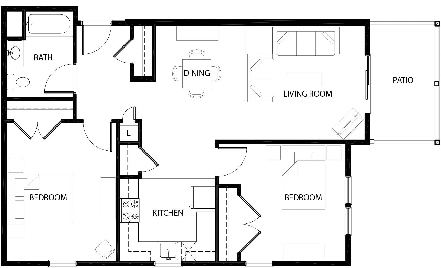 two bedroom Two bedroom unit with one bath and a patio