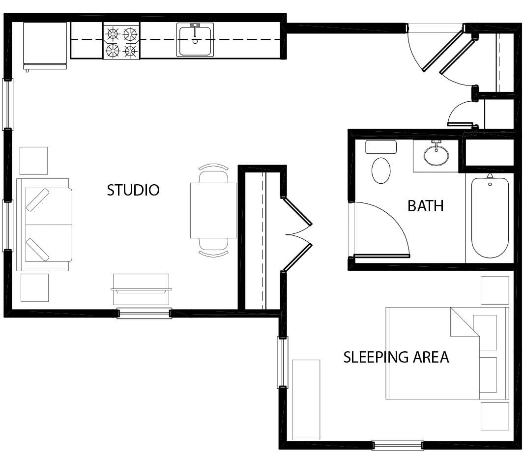 studio floor plan Studio apartment with private sleeping nook and lots of windows.