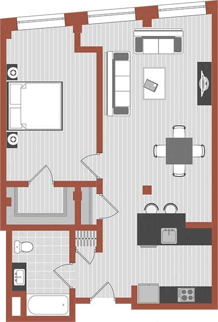 one bedroom 1 One bedroom floor plan with 3 large windows, 3 closets, full kitchen and bath.