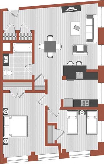 corner unit two bedroom Corner unit two bedroom floor plan with 7 large windows, 5 closets, full kitchen and bath.