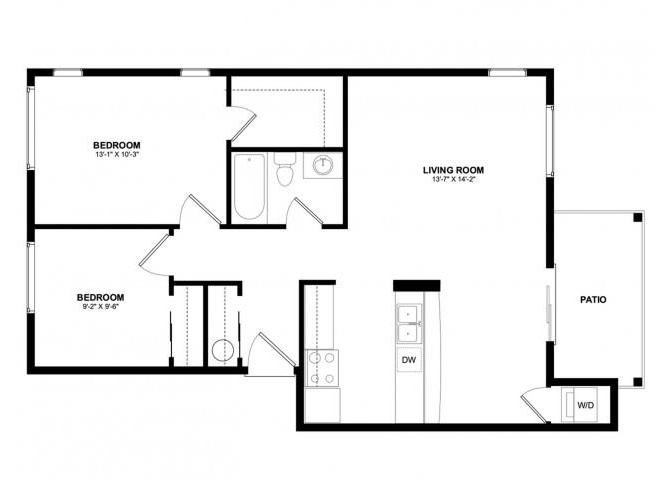 2 Bed 1 Bath floor plan
