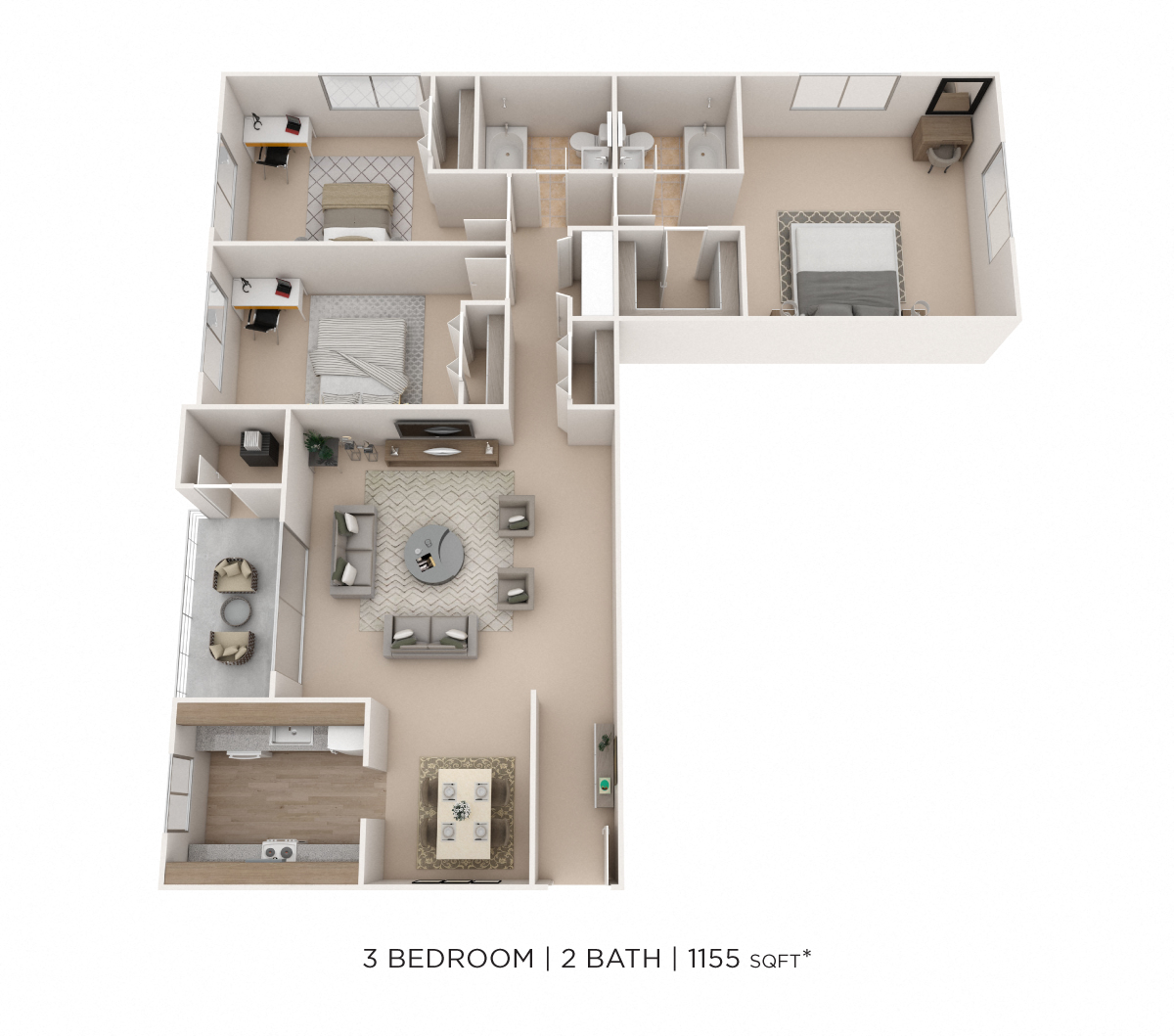 Three Bedroom 2 Bath - 1,155 sqft floor plan