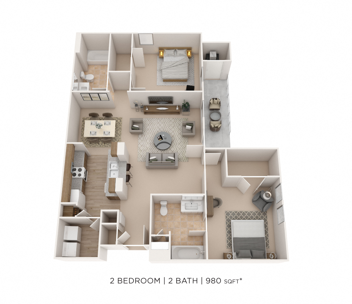 Two Bedroom 2 Bath- 980 sqft floor plan