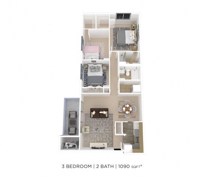 Three Bedroom 2 Bath -1090 sqft floor plan