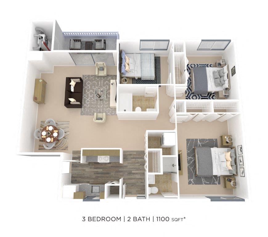 Three Bedroom 2 Bath- 1100 sqft floor plan