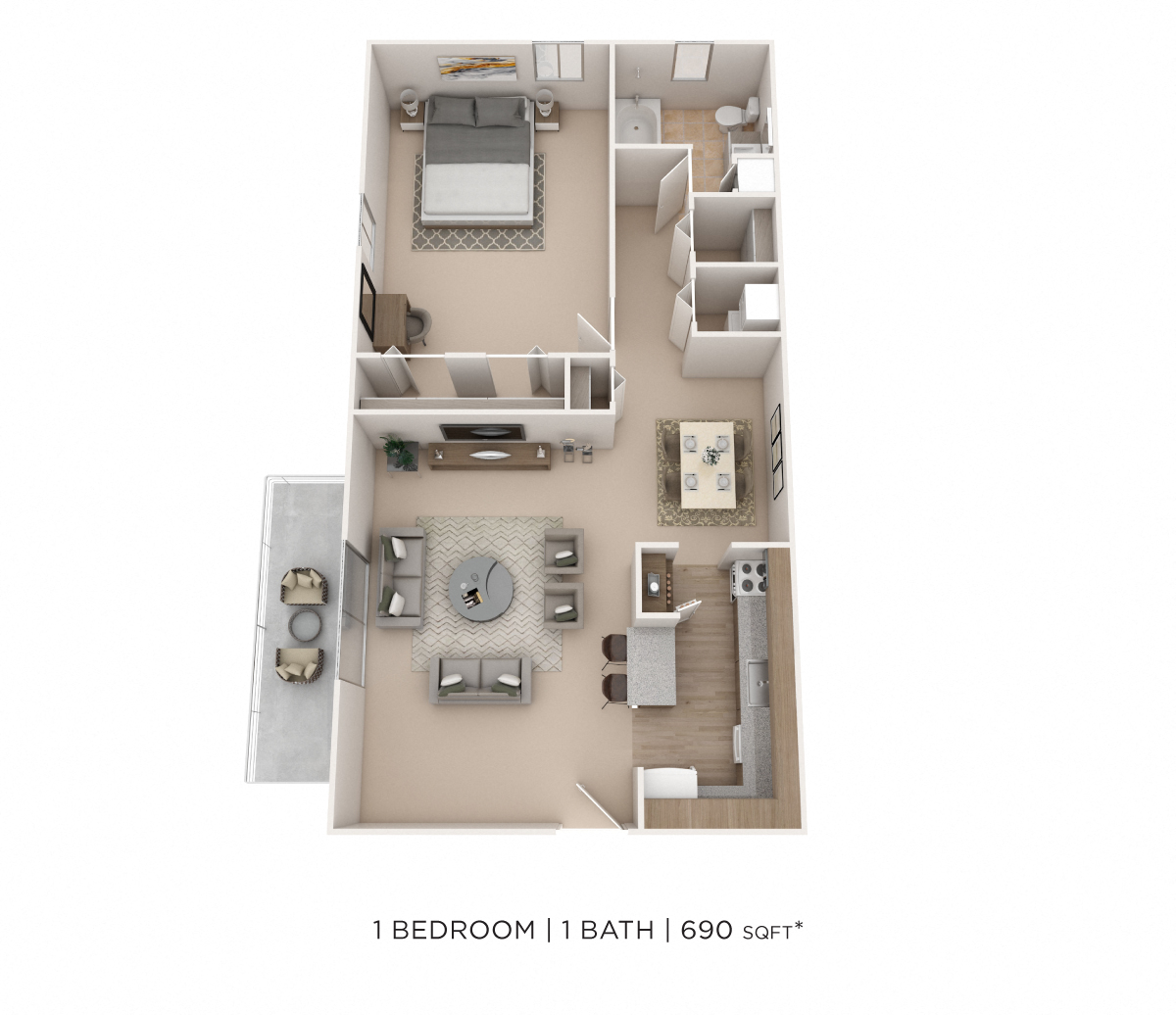 One Bedroom - 690 sqft floor plan