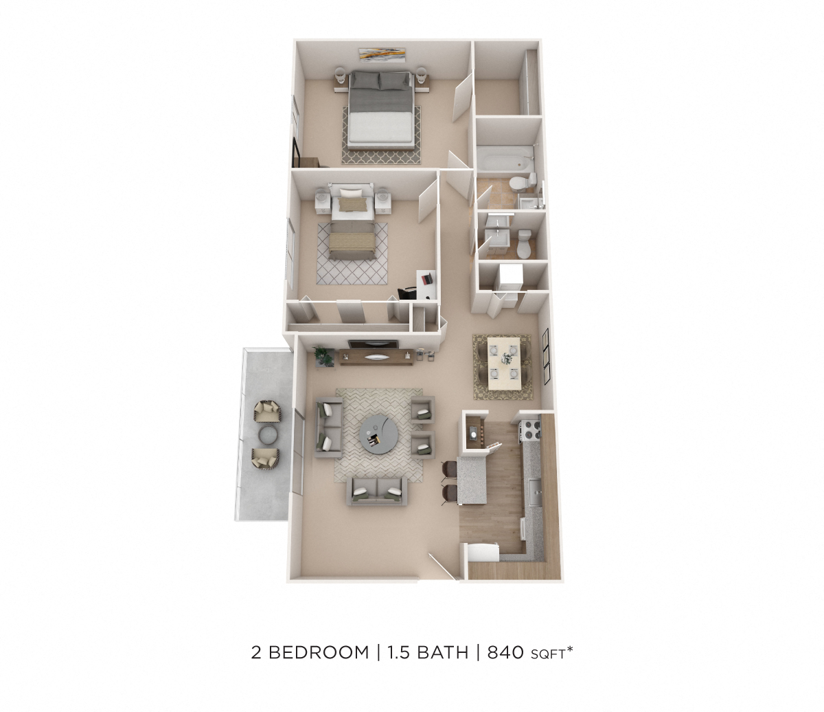 Two Bedroom 1.5 Bath - 840 sqft floor plan