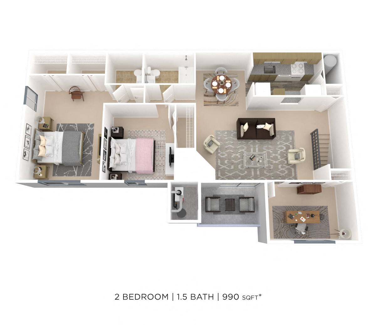 Two Bedroom 1.5 Bath w/ Den - 1,060 sqft floor plan