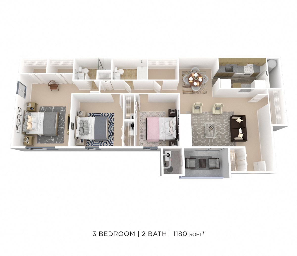 Three Bedroom 2 Bath - 1,180 sqft floor plan