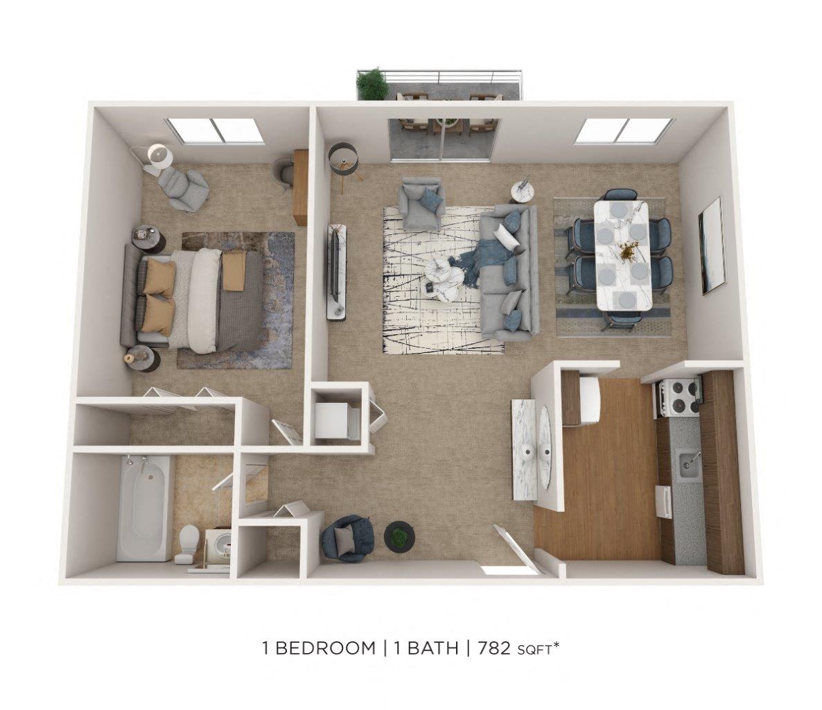 One Bedroom - 782 sqft floor plan