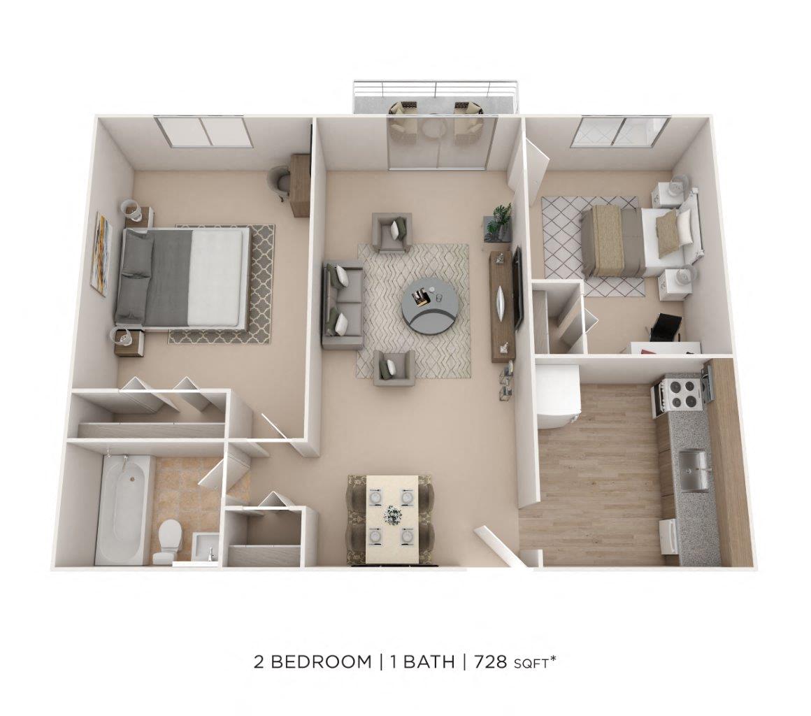 Two Bedroom - 728 sqft floor plan