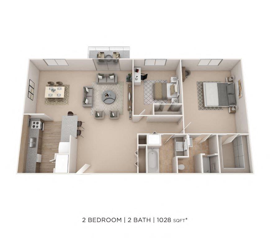 Two Bedroom 2 Bath - 1,028 sqft floor plan