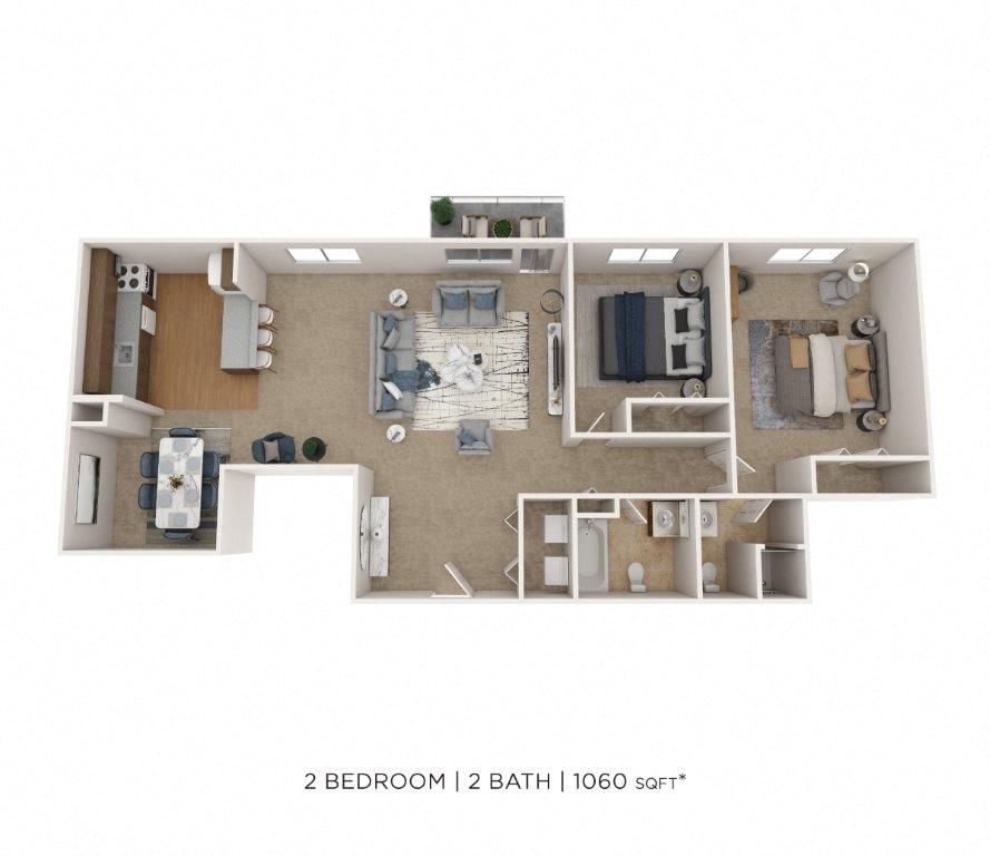 Two Bedroom 2 Bath - 1,060 sqft floor plan