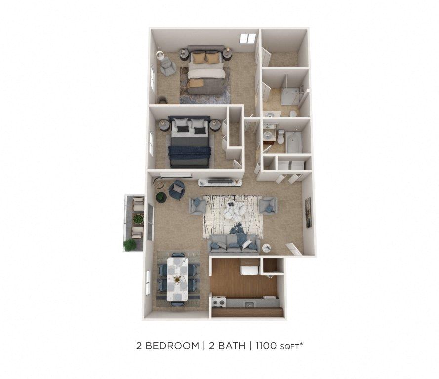 Two Bedroom 2 Bath - 1,100 sqft floor plan
