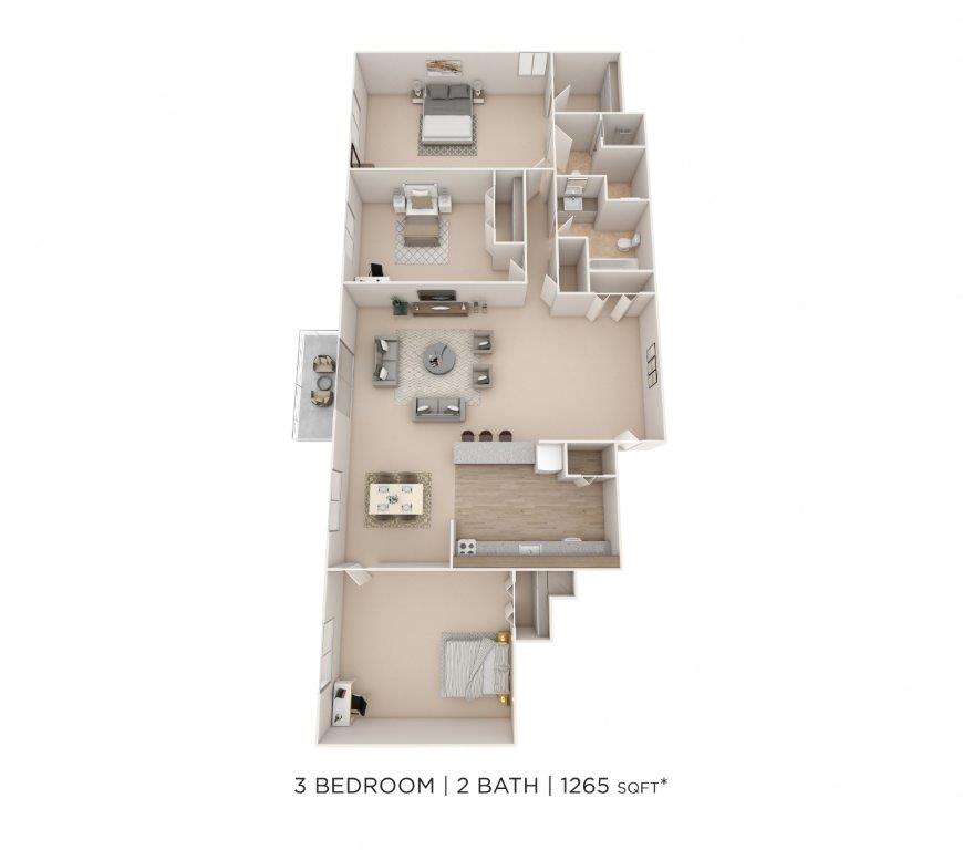 Three Bedroom 2 Bath - 1,265 sqft floor plan
