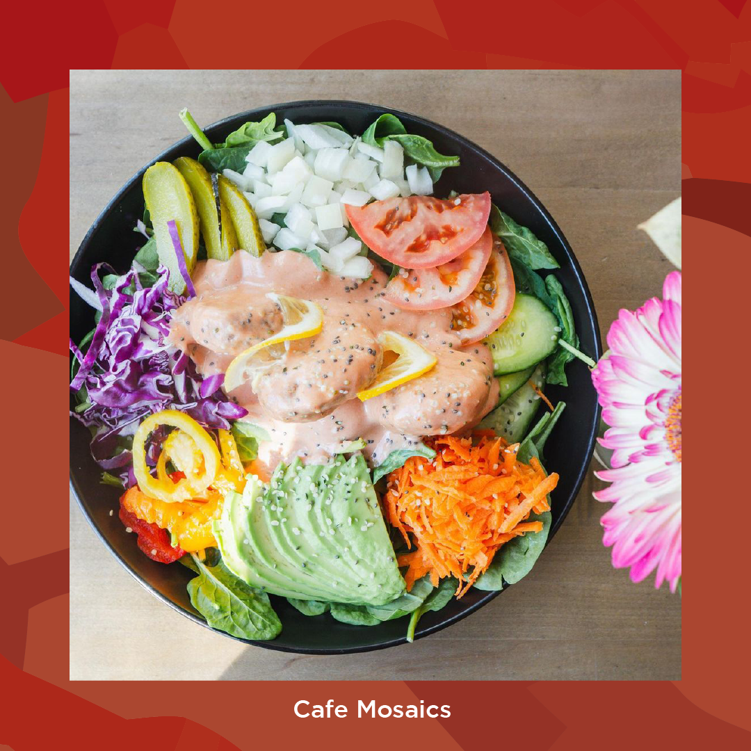 Cafe Mosaics' vegetarian and vegan menu with breakfast, burgers